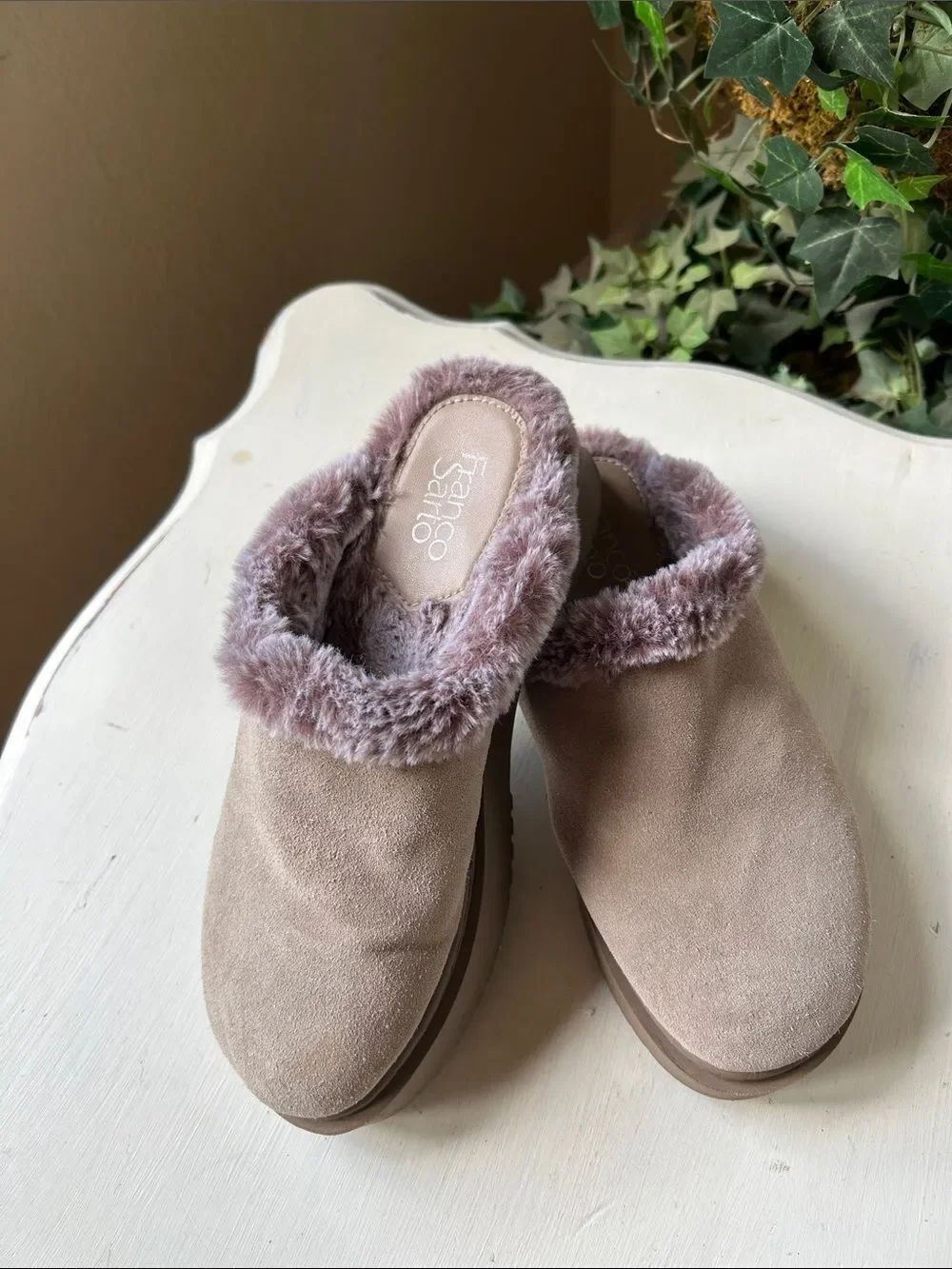 Franco Sarto Taupe Faux-Fur Trim Slip-On Clogs